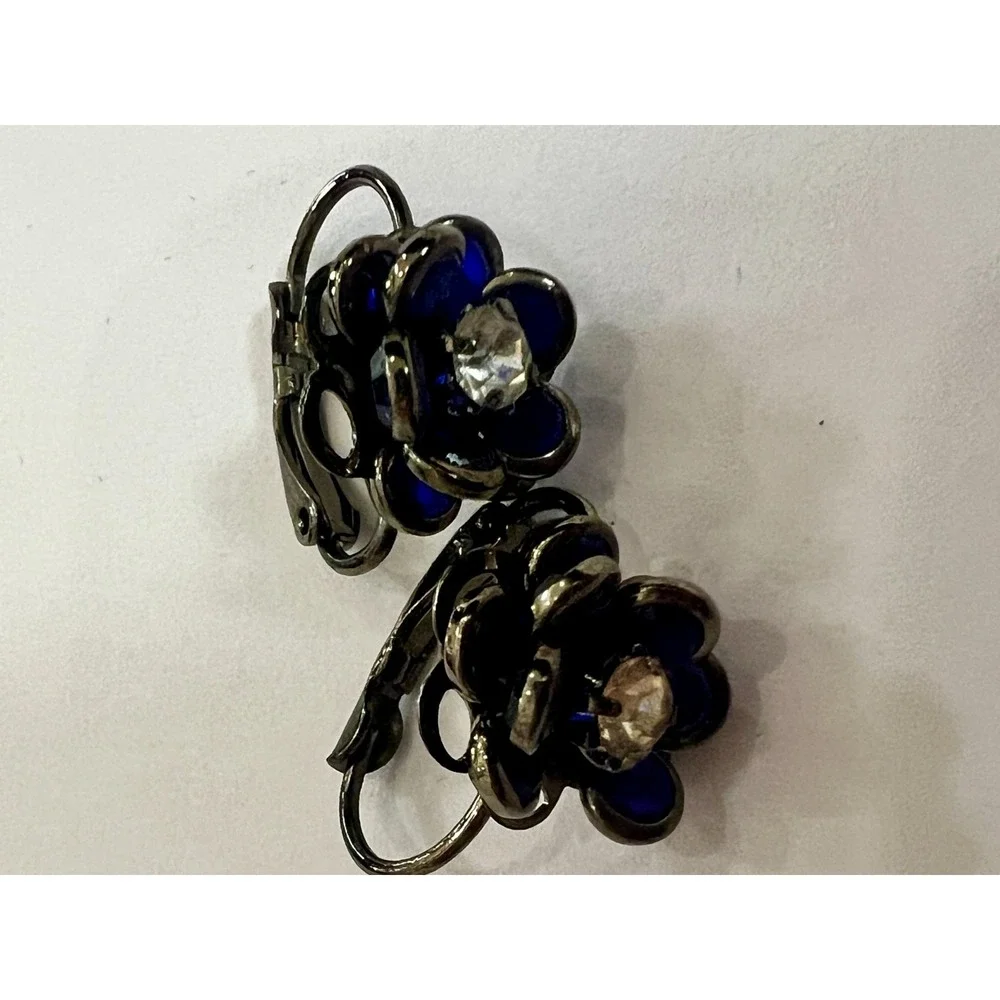 Vintage Cobalt Blue Glass‎ Floral Clip On Earrings Art Deco Rhinestone Flower